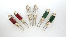 Two small tiny gold garnet red green clear crystal hair clip barrettes fine hair