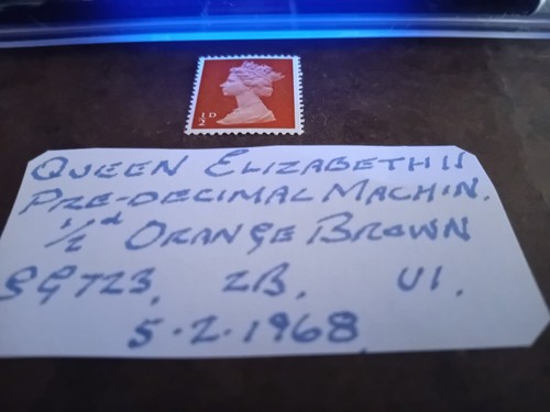 gb stamp,Q.E.II pre-decimal machin 1/2d orange brown SG723,2B,U1,5,2,1968. - Picture 3 of 4