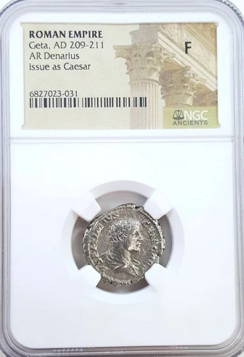 A-DS6 - Roman Empire Emperor Geta (AD 209-211) Denarius NGC (F) Fine Silver Coin