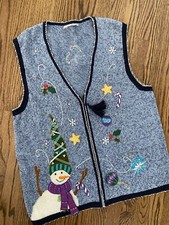 Vtg Lightweight Blue Snowman Ugly Christmas Sweater Zip Vest L XL