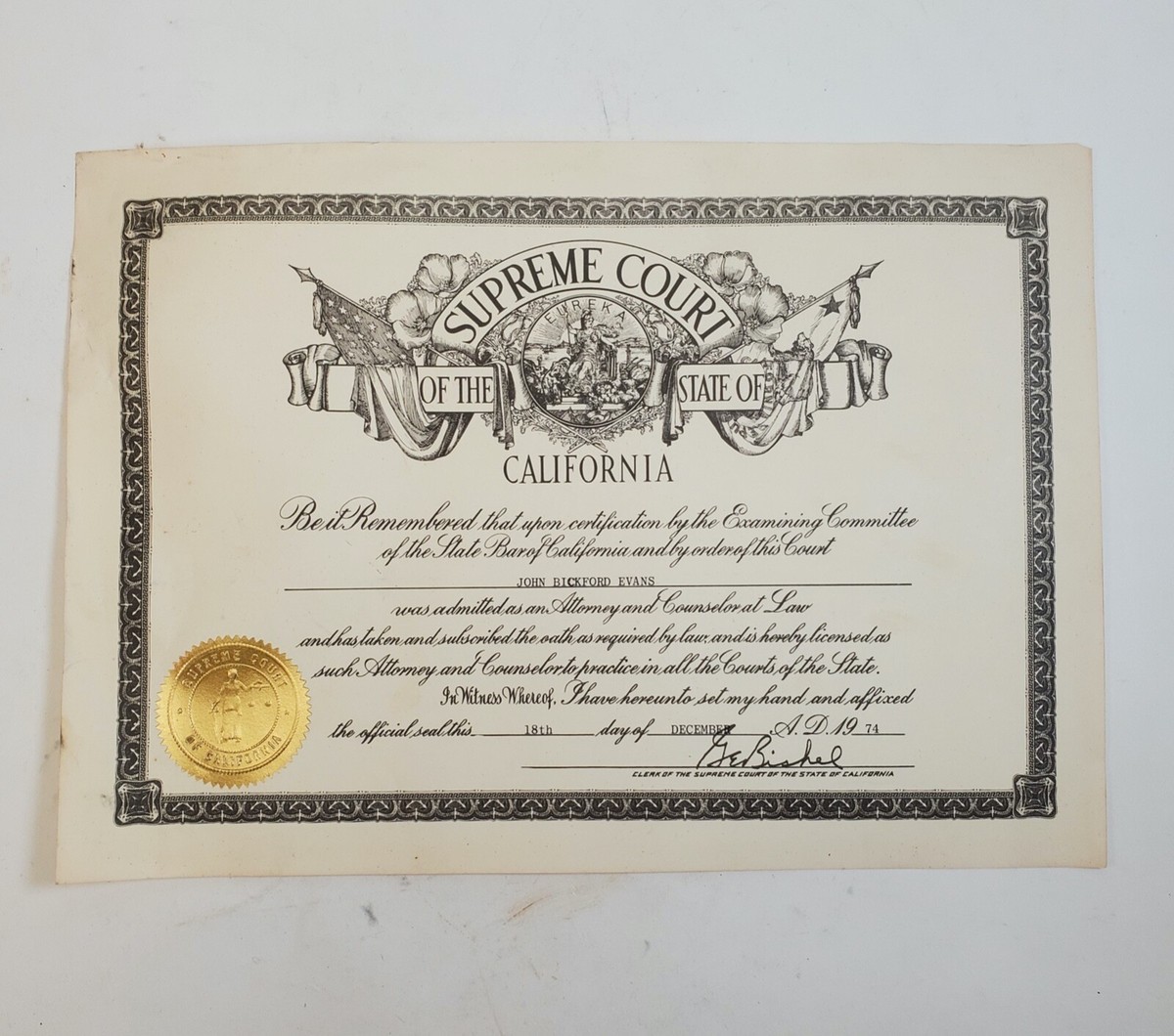 Vintage 1974 State of California Supreme Court Attourney Lawyer Certificate
