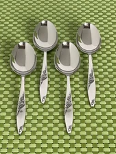 Oneida West Bend TWILIGHT ROSE Stainless 4 Oval Soup Spoons Glossy USA Flatware