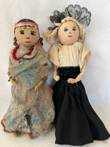 2 Antique, Vintage Ethnic Dolls, One with Jewelry, Cloth Wire Wrap 8.5" & 9"