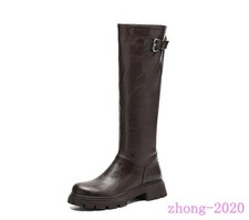Women's Block Heels Faux Leather Zip Knee High Boots Riding Casual Formal Shoes