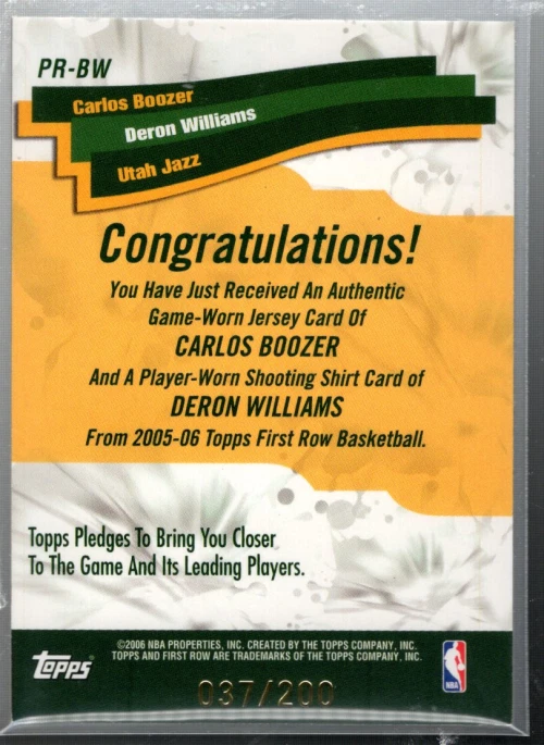 2005-06 Topps First Row Pick n Roll Relics #BW Carlos Boozer Williams Jersey/200 - Image 2 of 2