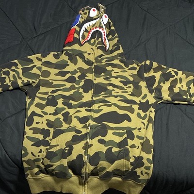 A Bathing Ape BAPE Full Zip Shark Hoodie Green Camo Men's M Cotton 001ZPE301017X