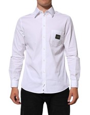 Dolce & Gabbana White Logo Plaque Collared Formal Dress Men's Shirt