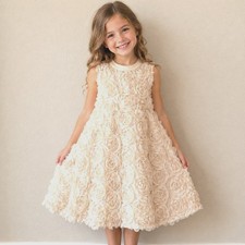 Girls Cream 3D Floral Rosette Mesh Dress Sleeveless Bow Size 6Y Formal