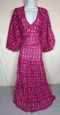 Mango Womens Maxi Dress Size UK 8 Pink Ikat Print V Neck Balloon Sleeve Cotton