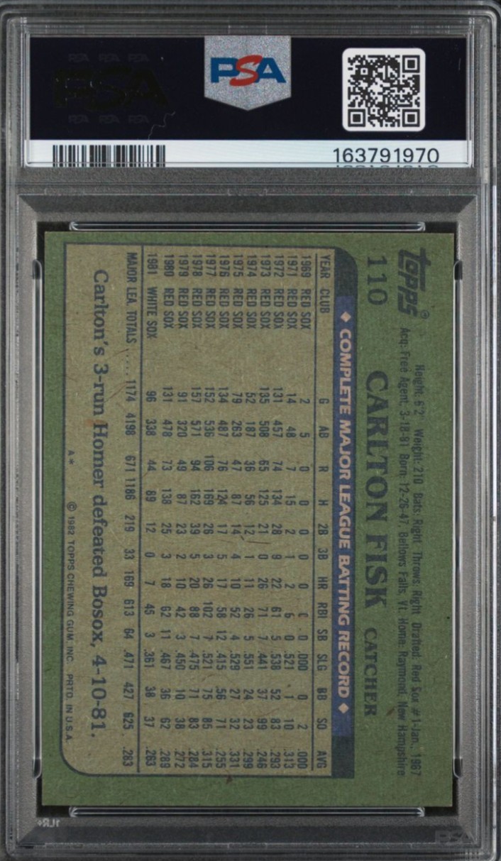 CARLTON FISK 1982 Topps #110 Signed/Autographed Card PSA 7/DNA 10 view 2