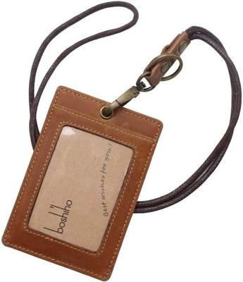 Vertical Style Cowhide Leather ID Card Badge Holder with Heavy Duty Lanyard (...