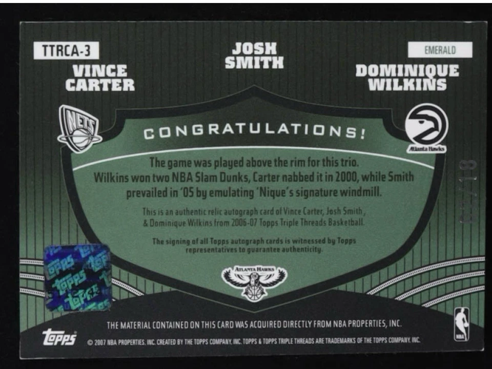 Dominique Wilkins Josh Smith Vince Carter 2006-07 Topps Triple Threads Relics - Image 2 of 2