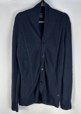 Strellson 100% Merino Wool Cable Knit Button Cardigan Navy Blue Men s Medium