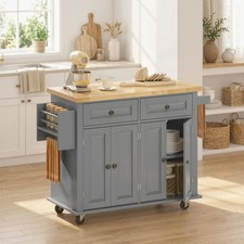  Kitchen Island Cart with Rubber Wood Top, Rolling Kitchen Island Table on Wheel