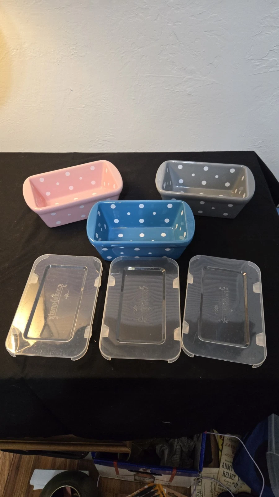 Temptations Polka Dot Mini Loaf Pans Ovenware Baking Dish 12 Oz W/ Lid set of 3