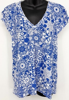 Maeve Anthropologie Womens Blouse Top XL Blue White Mandala Tile Summer Flutter
