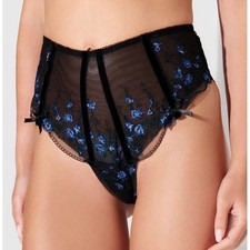 Fredericks of Hollywood Harlow Garter Thong Black Blue Floral Embroidery M NEW