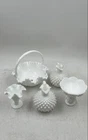 Fenton White Milk Glass Hobnail Ruffled Edges Fan Vase & Handled Basket Lot Of 5