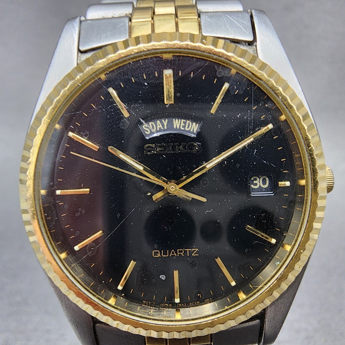 Seiko President Watch Men 35mm Black Dial Two Tone Daydate 7n43