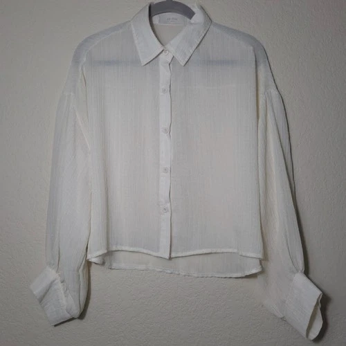 De Rêve Pure Cream Sheer Stripe Blouse | Size M | Minimalist Relaxed Button Down - product listing photo