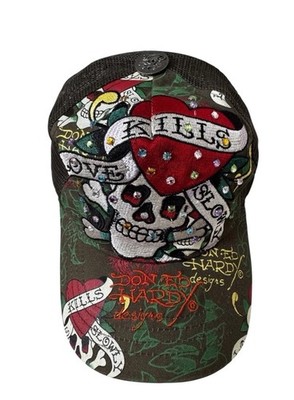 VTG Y2K Ed Hardy Rhinestones Love Kills Slowly Trucker Hat Snapback
