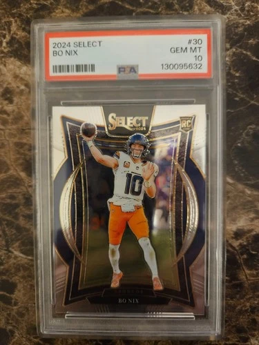 Bo Nix Rookie Card 2024 Panini Select #30 Silver Prizm (RC) PSA 10 GEM MT