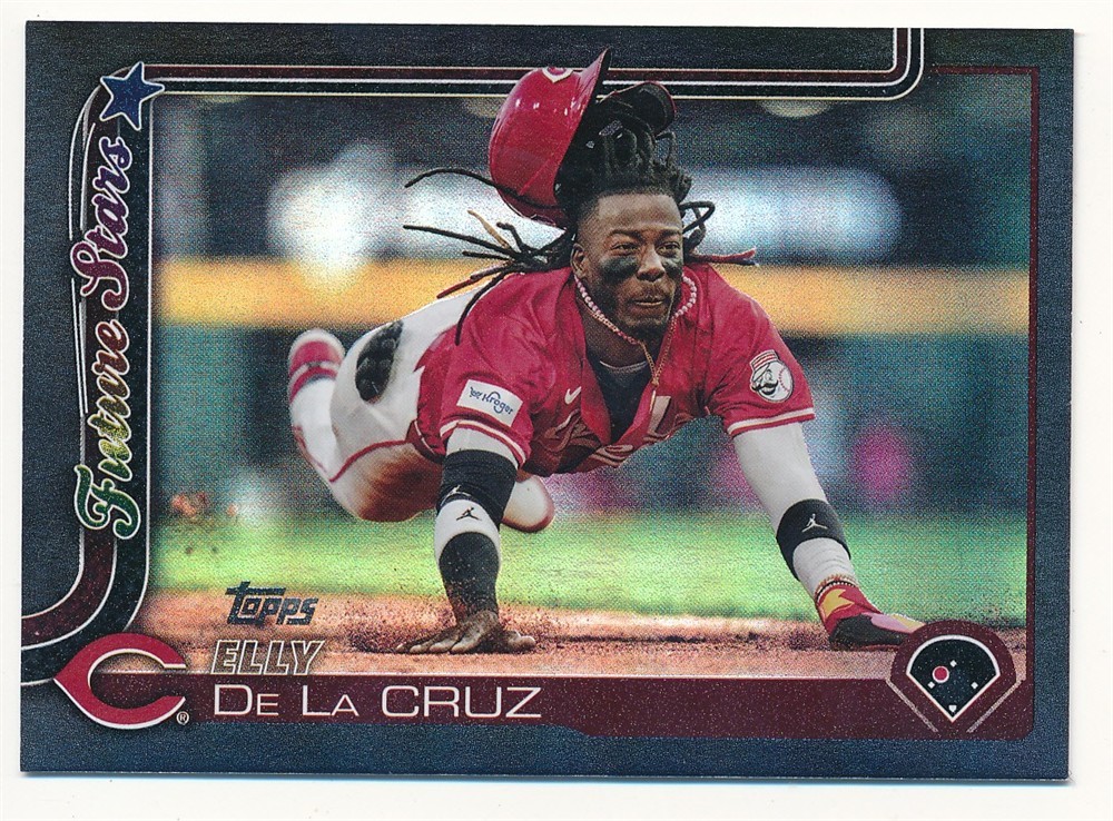 ELLY DE LA CRUZ 2025 TOPPS #150 FUTURE STARS BLACK HOLO FOIL REDS SP #10/10
