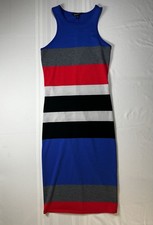 Express Women’s Striped Bodycon Tank Dress Blue Red Black Gray Midi Stretch M