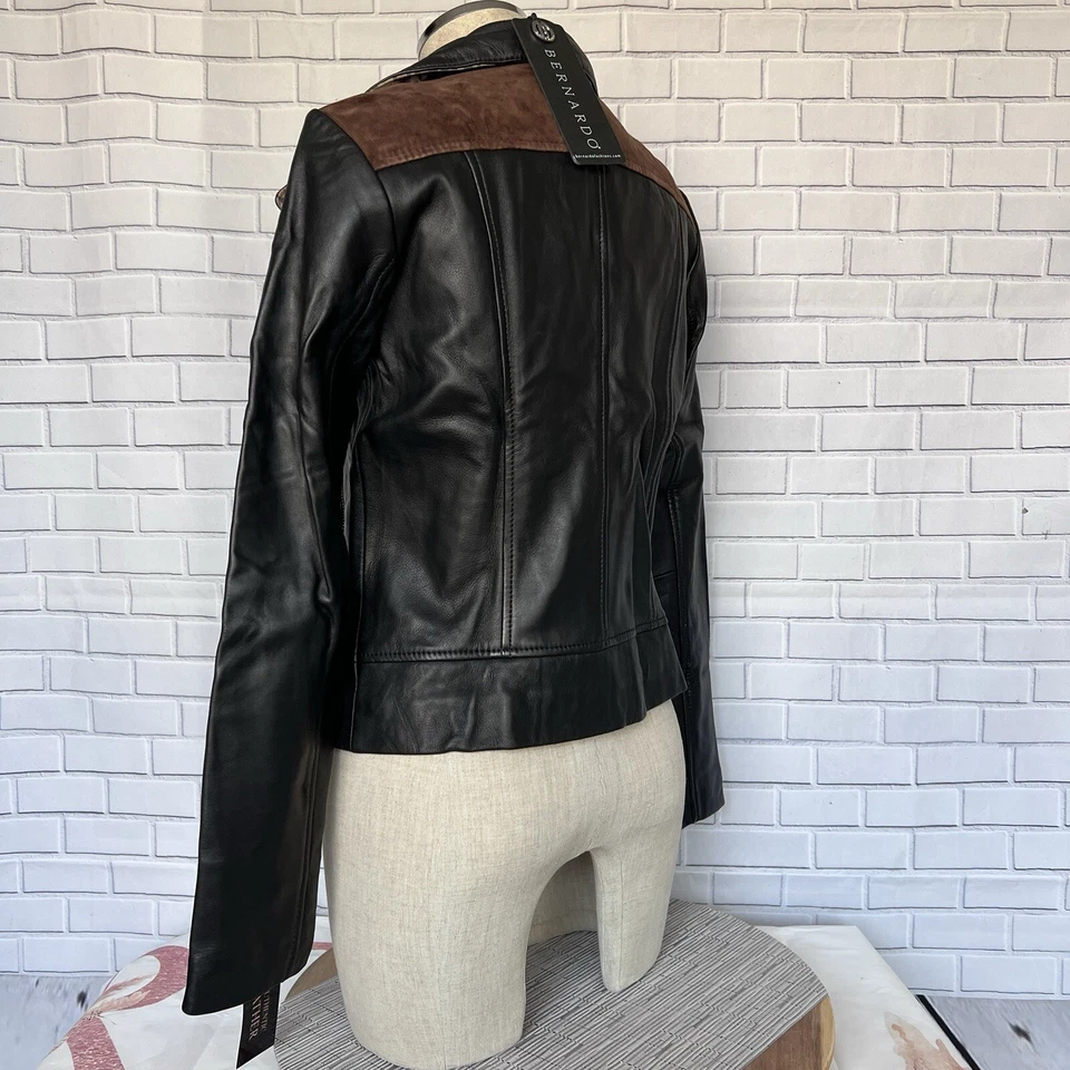 NWT Bernardo Genuine Leather Mixed Media Animal Print Black Moto Jacket MSRP$415 - Image 4 of 4