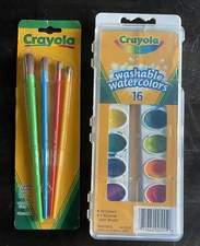 Crayola 16 Washable Watercolors 5 Assorted Sizes Paint Brushes Used