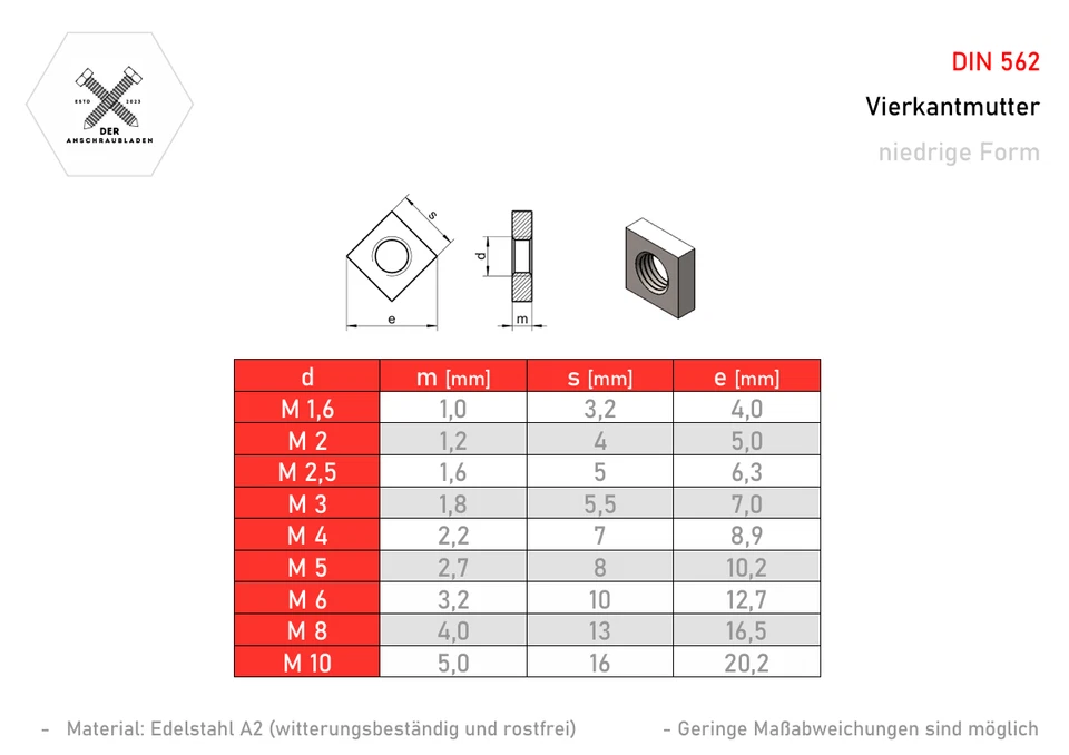 Vierkantmutter Mutter Edelstahl niedrig Gewindeplatte M3 M4 M5 M6 M8 V2A DIN 562 - Bild 2 von 4