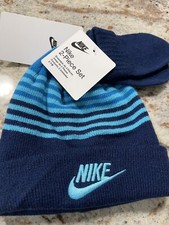 Nike Blue Baby Boy Beanie Hat And Mittens Set Size 12/24 Months  New