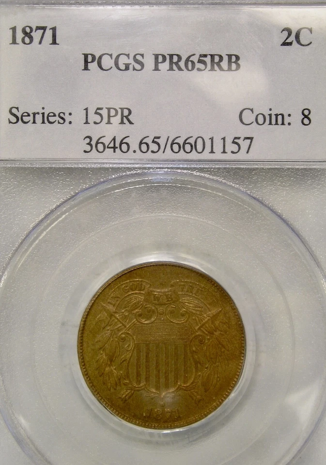 1871 TWO CENT PIECE DDO RARE GORGEOUS 960 STRUCK PCGS PROOF 65 RED BROWN PQ+ GEM - Image 2 of 4