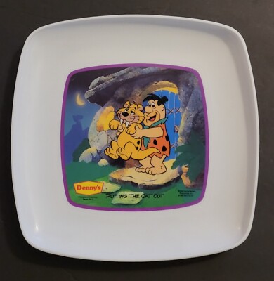 FLINTSTONES vintage Putting the Cat Out PROMO DENNY'S Plastic PLATE Advertising