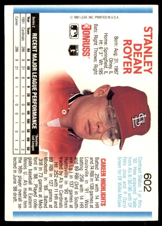 1992 Donruss Stan Royer St. Louis Cardinals #602 - Image 2 of 2