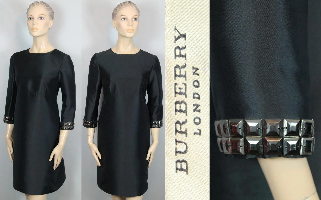 Abito da cocktail BURBERRY LONDON Italia misto seta nera raso impreziosito turni 8
