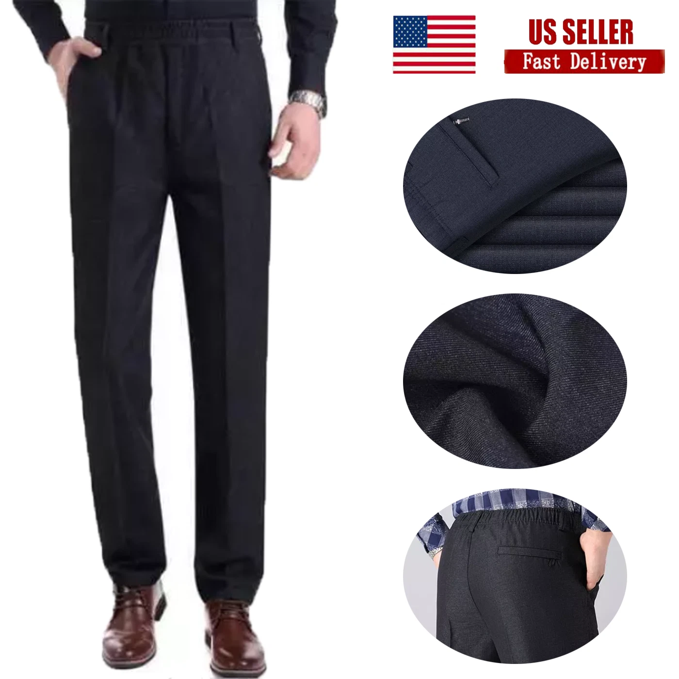 Mens Straight Leg Casual Dress Pants Formal Clothes Trousers Fit Elastic Waist