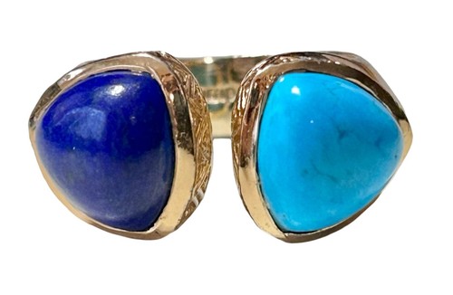 Amrapali Egyptian Faux Turquoise And Blue Lapis Ring Designer Gold Tone Size 7 - Picture 2 of 9