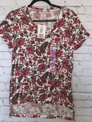 Philosophy Women's Top White Red Floral V-Neck Shirt Stretch Cotton Blouse $58 S