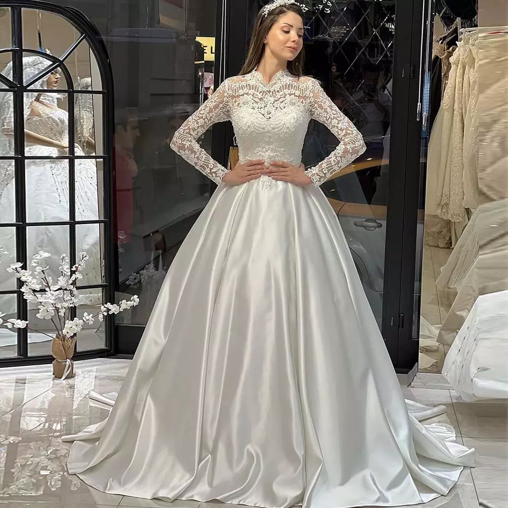 Buy Luxury Modest High Neckline High Backline Collared Long Sleeve Ball  Gown Wedding Dress Bridal Gown Sparkle Online in India - Etsy