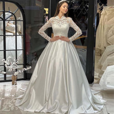 Elegant Lace Wedding Dresses High Neck Satin Bridal Gown Long Sleeve Sweep Train