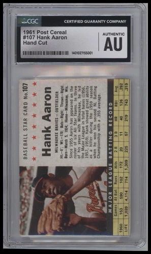 1961 Post Cereal (F278-33) #107a Hank Aaron CGC Authentic