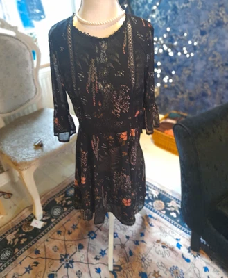 Divided by H&M Women’s Black Floral Lace Sheer Slip Dress 8 Regular 3/4 Sleeve - Image 1 of 4