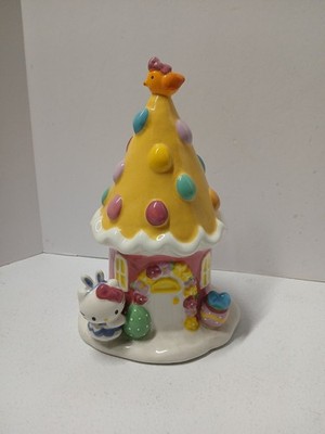 Hello Kitty Easter Egg House Figurine Yellow Ceramic Blue Sky Embossed