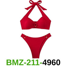 MakeMeChic Women's 2 Piece Ring Halter Swimsuit Tie Back High Cut Thong Bikini,L