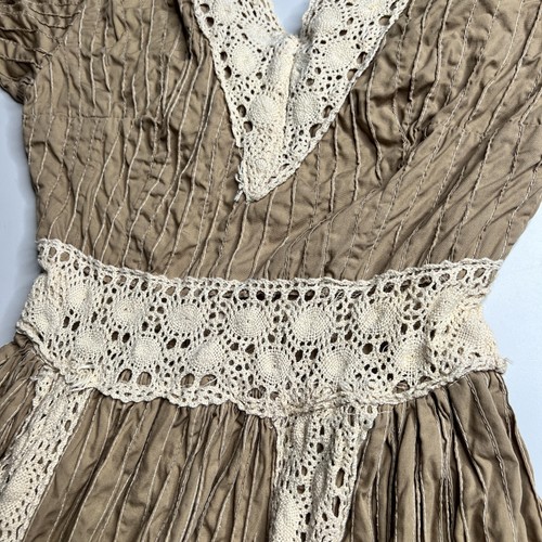 Vintage Dress Womens Small Beige Crochet Lace Maxi Prairie Boho V Neck 70s, Size S, $67.5 - Photo 5