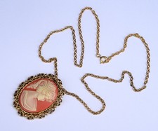 Vintage Cameo Pendant Necklace Gold Tone Filigree Chain 23"
