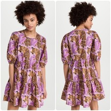 NWT Farm Rio Womens Tiger Leaves Lavender Puff Sleeve Boho Mini Dress Size L