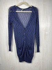 Free People Cardigan Small Blue Space Dye Sheer Longline V-Neck Boho Layering