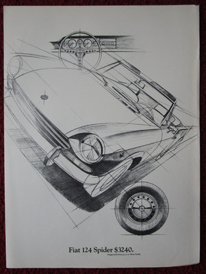 1969 FIAT 124 Spider Sports Car Print Ad ~ Classic Convertible, Sketch Art